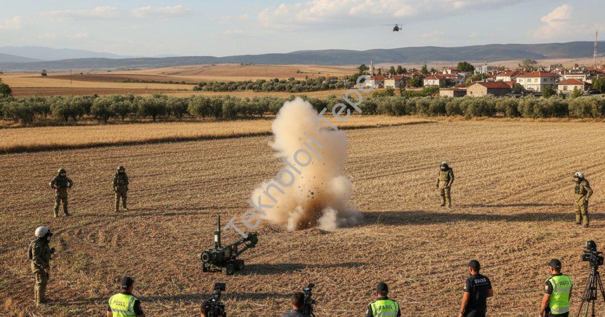 "Tire’de tarlada bulunan el bombası güvenle imha edildi" başlıklı haber için fotorealistik, profesyo